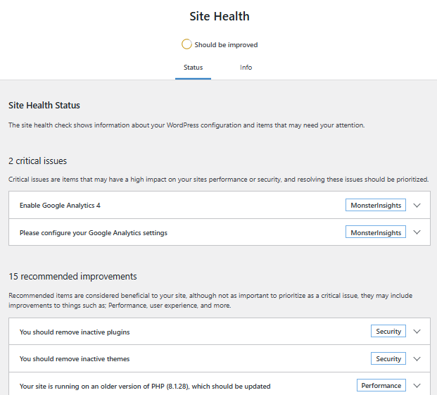 Site Health page