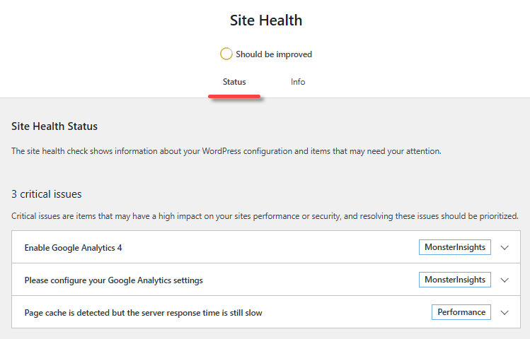 Site Health - Status tab - Critical Issues