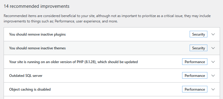 Site Health - Status tab - Recommended Improvements