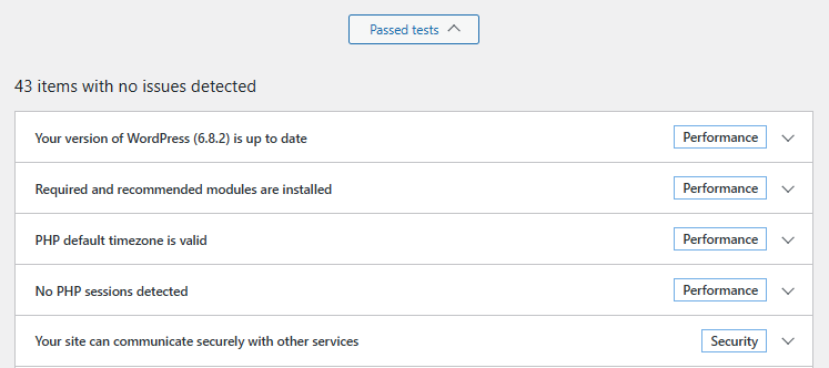 Site Health - Status tab - Passed tests