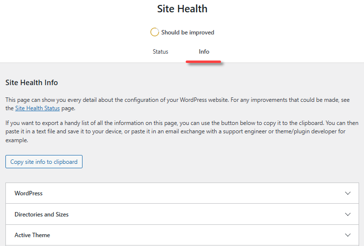 Site Health - Info tab