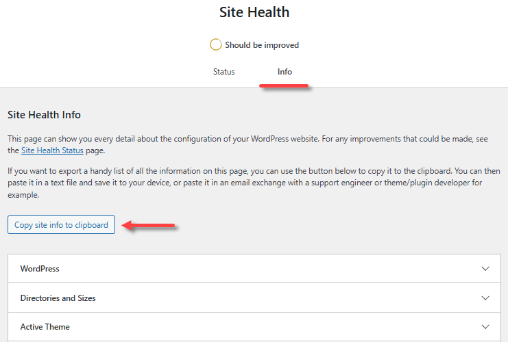 Site Health - Info tab - Copy site info to clipboard