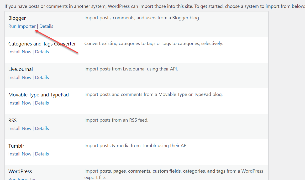 Run importer link for Blogger