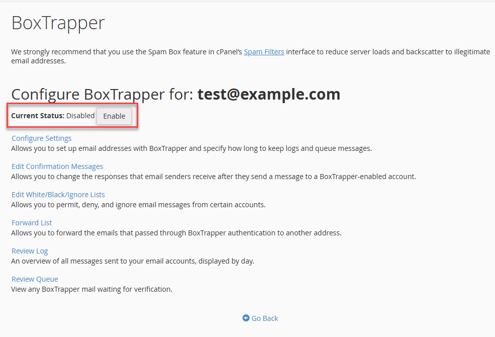 cPanel - Email - BoxTrapper - Details - Page