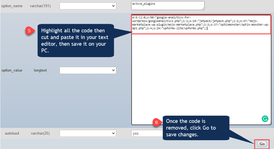 active plugins page with lines of code