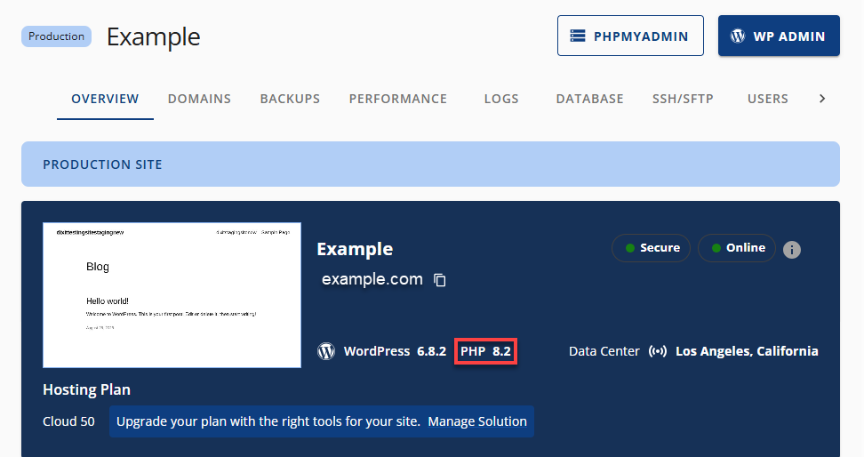 Bluehost Account Manager - Websites Tab - Overview PHP Version View