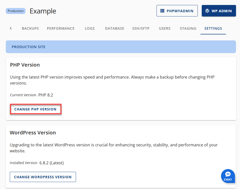 Bluehost Account Manager - Websites Tab - Settings - Change PHP Version