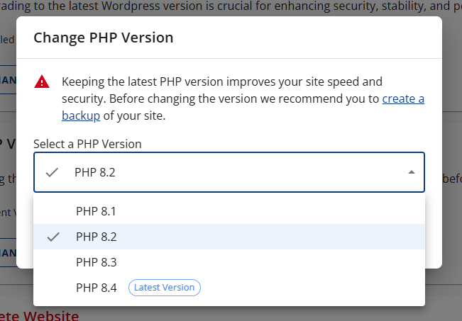Change PHP Version Dropdown