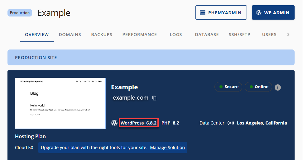 Bluehost Account Manager - Websites Tab - Overview WordPress Version View