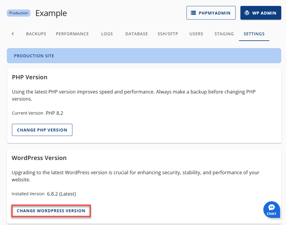 Bluehost Account Manager - Websites Tab - Settings - Change WordPress Version