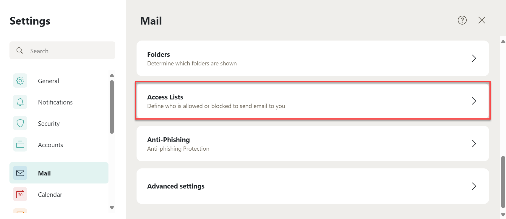 Access Lists option within Mail Settings