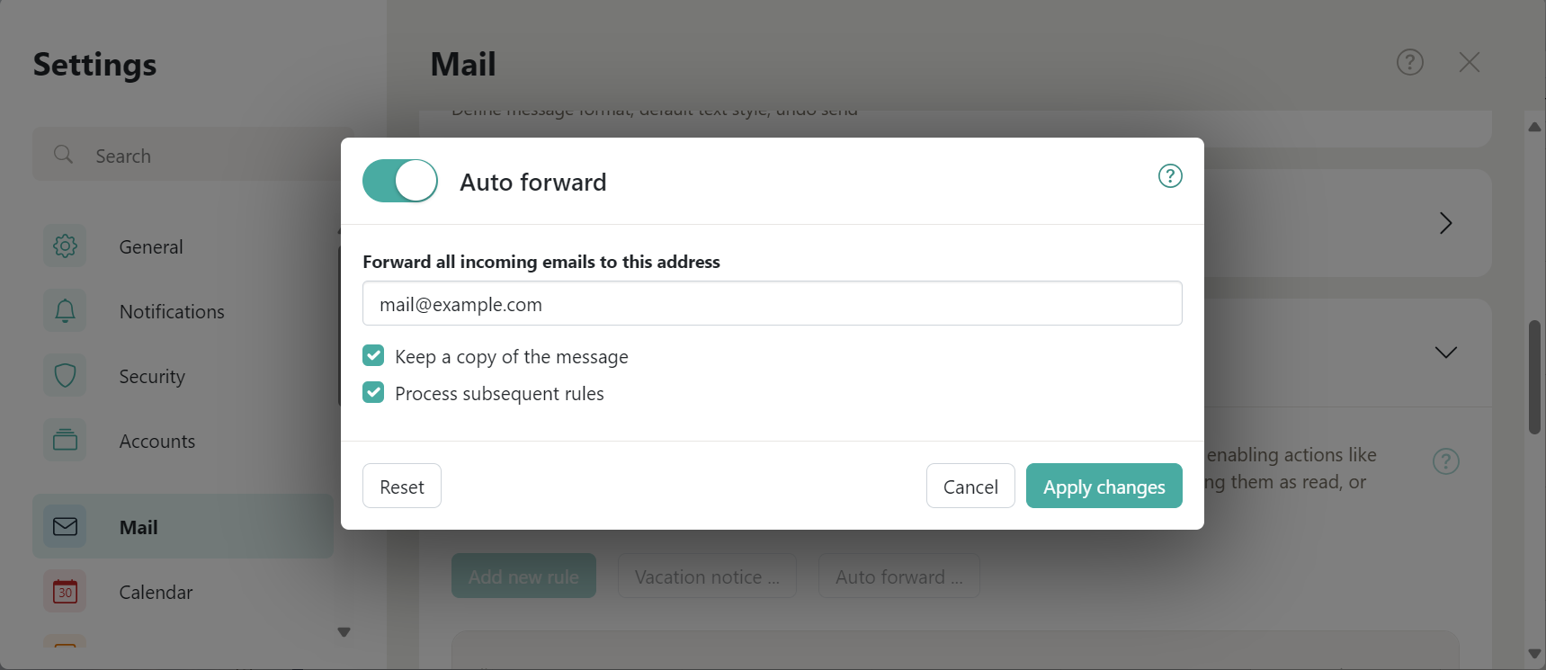 Auto forward toggle and field to enter forwarding address