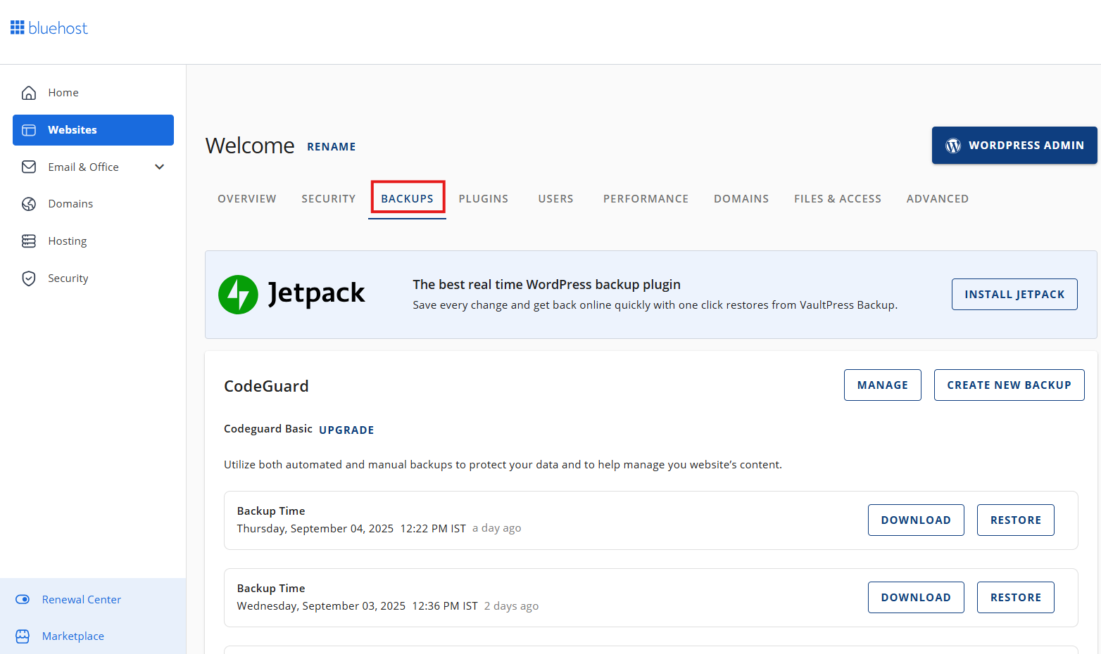 Bluehost website management screen with a 'Backups' tab highlighted, indicating a focus on site backup options.