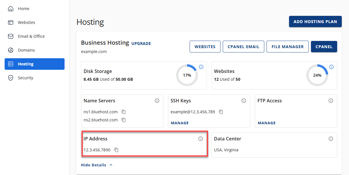 Bluehost Account Manager - Hosting Tab Details IP Address