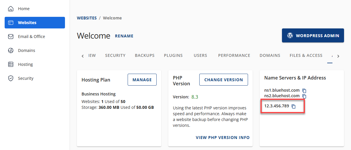 Bluehost Account Manager - Websites Tab Details IP Address