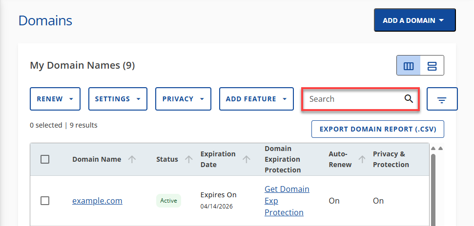 Domains tab - Search box