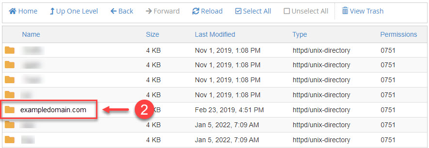 Web hosting file manager interface with folders listed, a red arrow points to 'exampledomain.com' folder with two notifications.