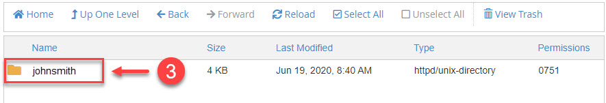 Control panel file manager view with a red arrow pointing to a 'johnsmith' folder, marked with three new items.