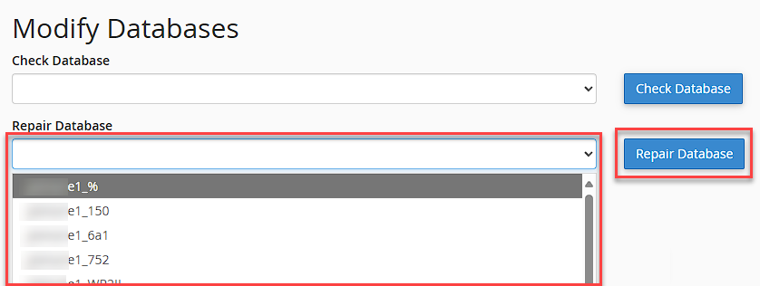 cPanel - Databases - MySQL Databases-Repair Database