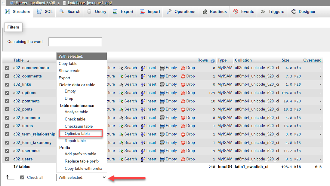 phpMyAdmin - Check All table - Optimize Table