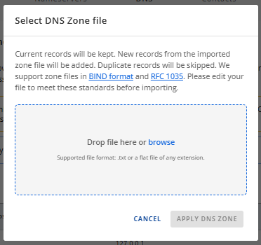 DNS tab - Actions menu - Import DNS Zone - Upload file