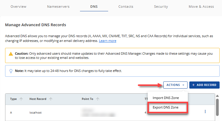 DNS tab - Actions menu - Export DNS Zone