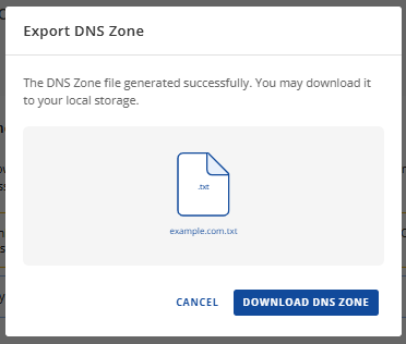 DNS tab - Actions menu - Export DNS Zone - Download