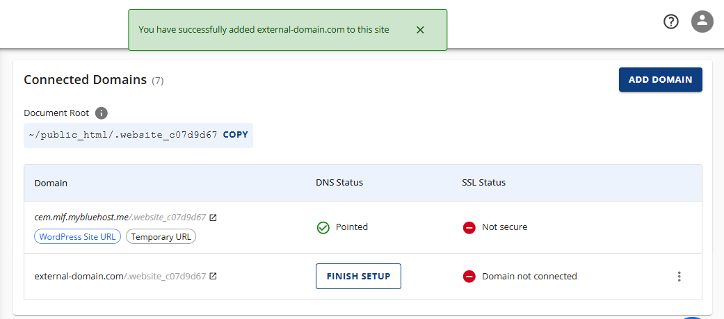 Connect Domains Confirmation banner