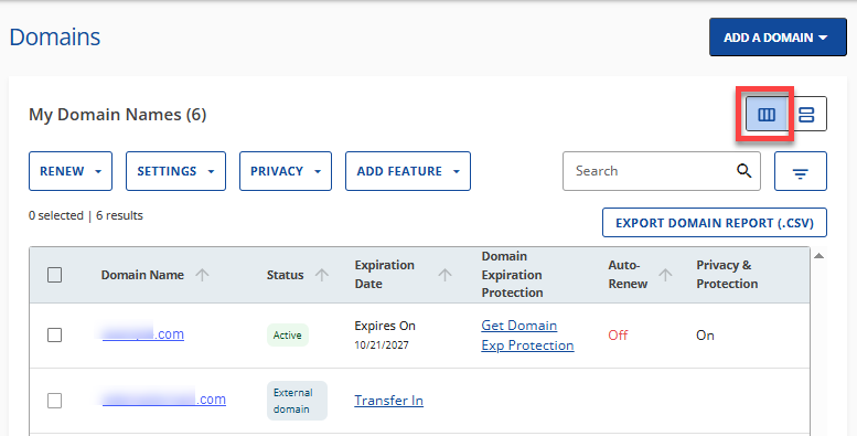 Domains tab - List View