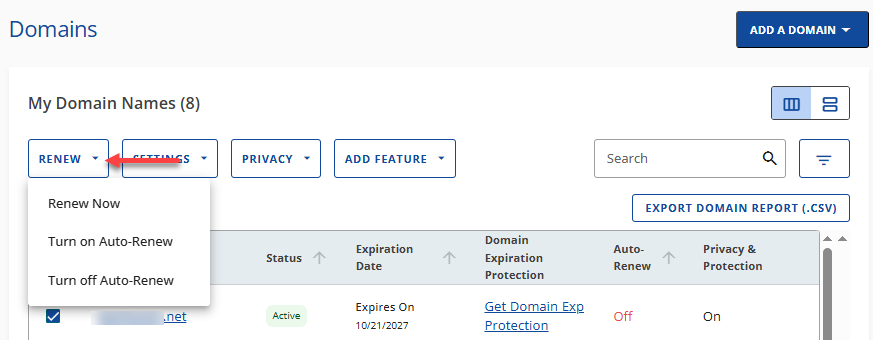 Domains tab - Renew menu