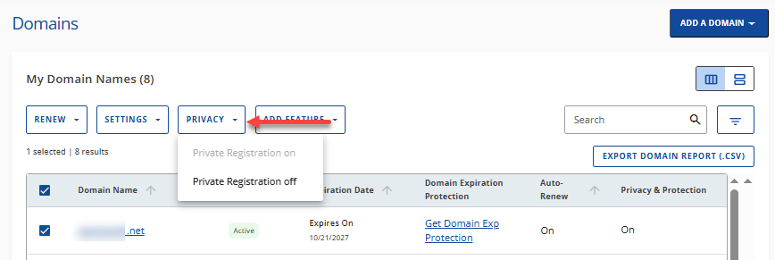 Domains tab - Privacy