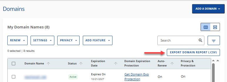 Domains tab - Export Domain Report