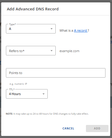 Add New ADNS Record popup