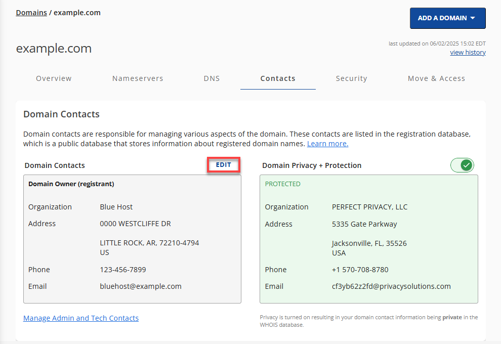 Bluehost Account Manager Domains Tab - Contacts Subtab -Edit Domain Contacts