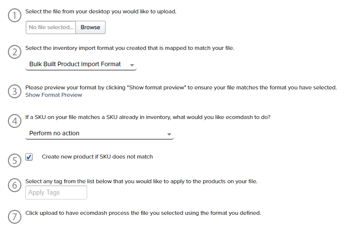 ecomdash Upload Inventory - File, Format, SKU, and Tag Settings