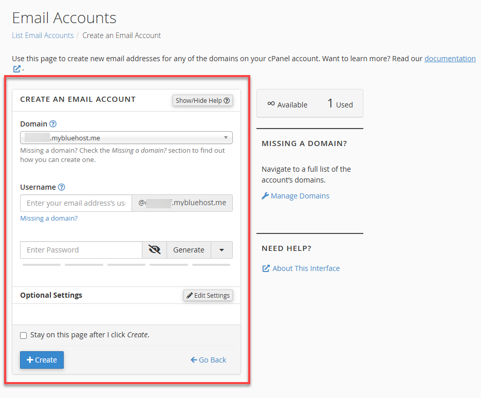 cPanel Email Accounts - Fill out required fields