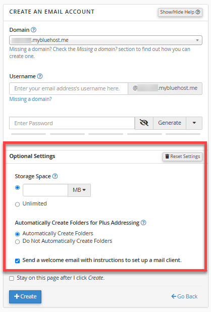 cPanel Email Accounts - Optional Settings