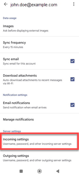Android device - Email app - Incoming settings