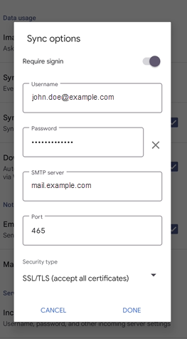Android device - Outgoing settings - Sync options