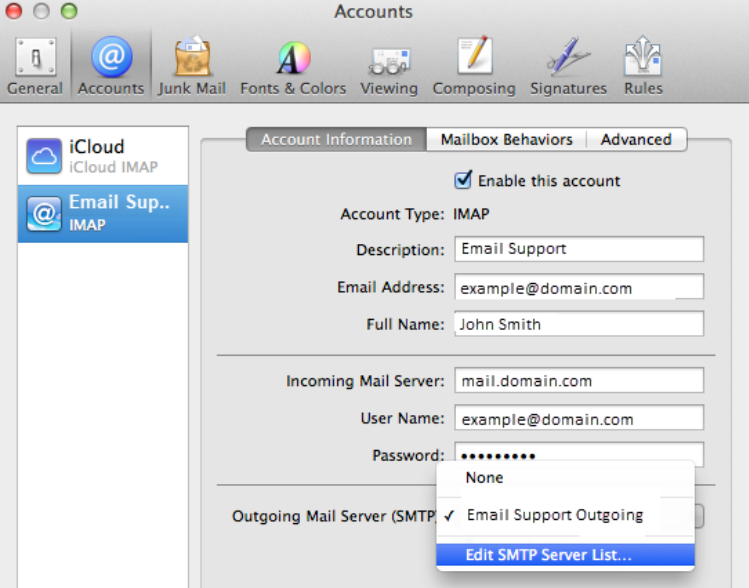 Outgoing Mail Server setting options