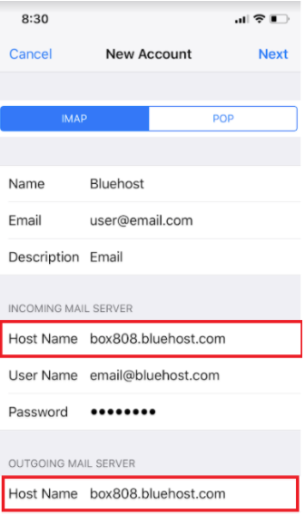 Host Name fields for Incoming and Outgoing Mail Servers