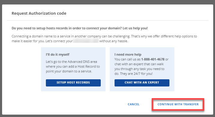 EPP Code - Continue with Transfer