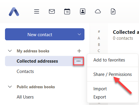 OX Mail Address Book Share Permissions Dropdown