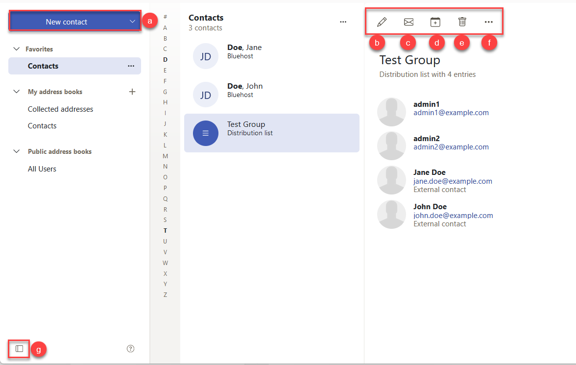 OX Mail Address Book Toolbar Contents