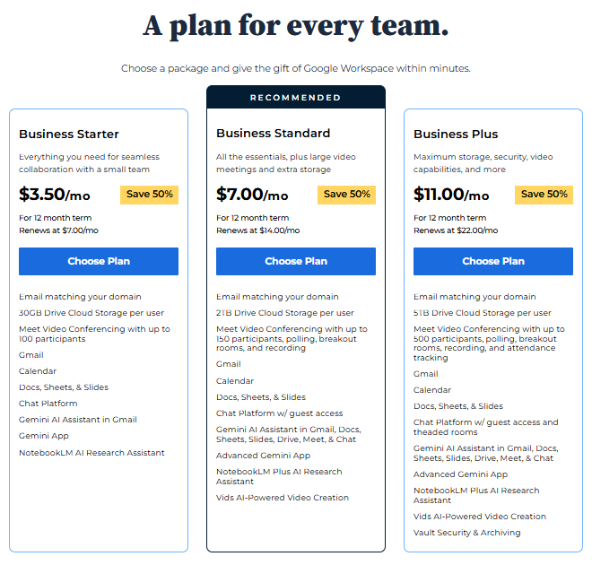 Google Workspace - Select a Google Workspace plan