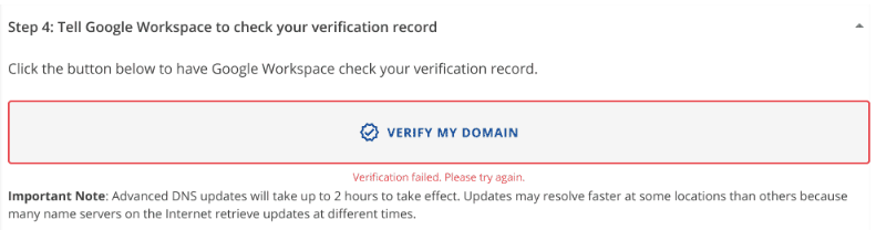 Google Workspace - Domain verification failed