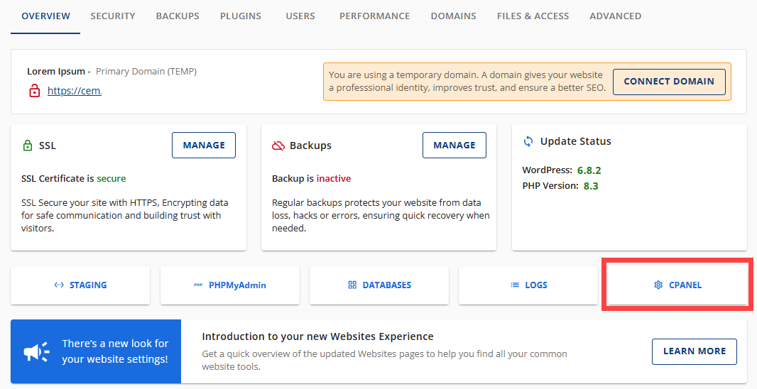 Bluehost Account Manager - Websites Tab - Overview