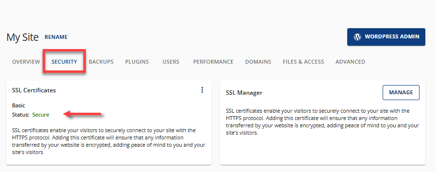 Activate Free SSL Certificate - Security tab