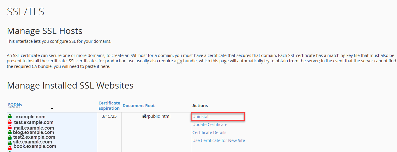 Deactivate the Free SSL Certificate - Uninstall