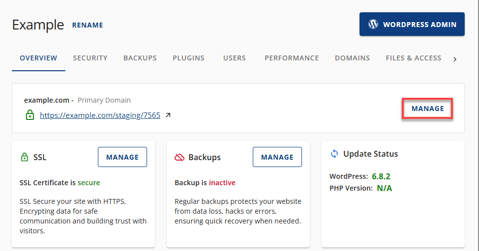 Bluehost Account Manager - Hosting Overview - Manage Link
